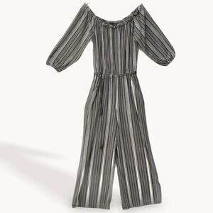 Derek Heart Olive Green Striped Off Shoulder Wide Leg Jumpsuit Tassels Size L